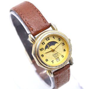 Vintage Galaxie by ELGIN Moonphase Watch Womens Gold Tone Stainless Steel 90s